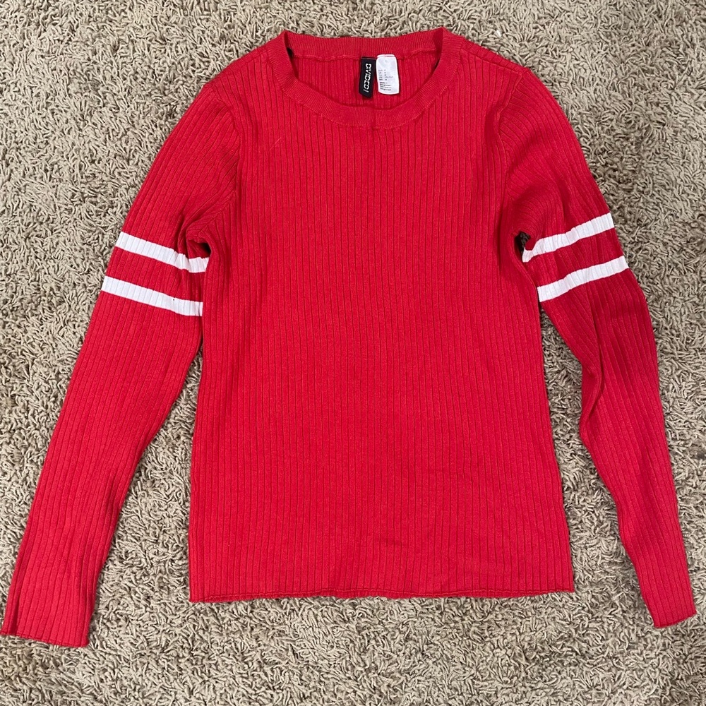 Divided Red Long Sleeve Top with White Stripes